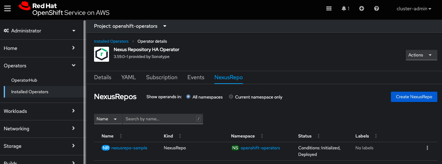 NexusRepo tab in OpenShift UI
