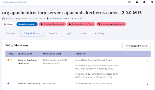 An example policy violation from the java runtime agent.